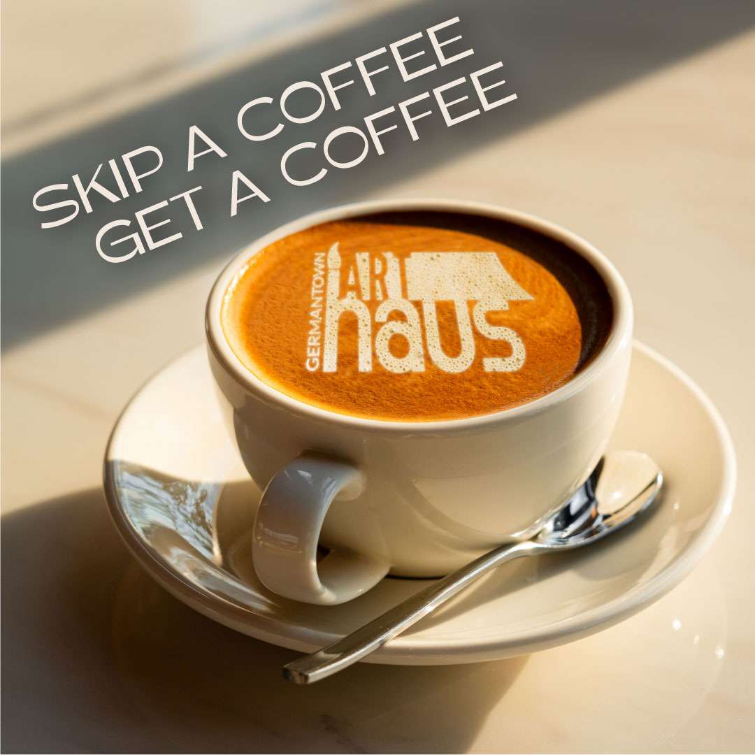 Skip a Coffee with Mug Coffe mug with the ArtHaus logo in the foam with the words "Skip a Coffee, Get a Coffee" across a banner